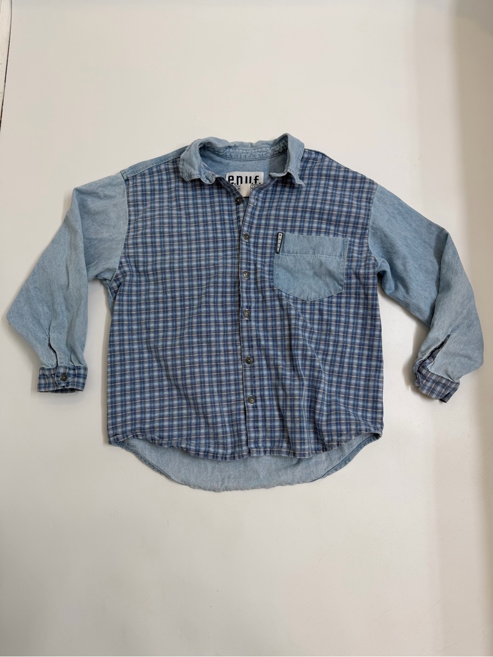 Vintage ENUF Internationale Denim Plaid Colorblock Button Shirt USA Made M